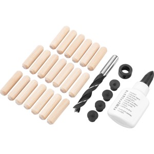 LUX-TOOLS Dübelkészlet Ø 10 mm: 25 db fatipli, fa ragasztó, fúró, mélységütköző és tipliző.