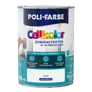 Cellkolor zománcfesték fa és fém felületekre, fehér selyemfényű, beltéri és kültéri használatra.