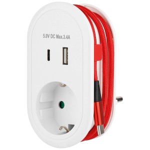 Fehér aljzat adapter USB-A, USB-C és beépített USB-C kábellel.