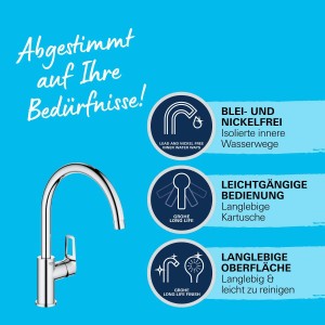 Grohe QuickFix Start Loop króm mosogató csaptelep magas kifolyóval és hurokkarral.