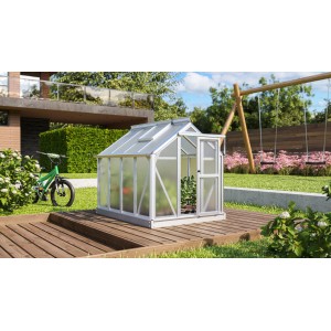 Vitavia Merlin mini üvegház nyitott ajtóval a kertben, alumínium keret.
