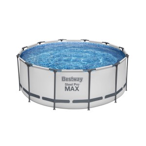 Bestway Steel Pro MAX Frame medence, kerek acélvázas medence kék vízzel.