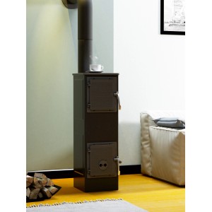 Fekete acél műhelykályha, 6 kW, két ajtóval és füstcsővel.