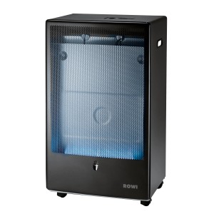 Fekete Rowi gázfűtés Blue Flame 4,2 kW termosztáttal. Mobil gázfűtés kültéri használatra.