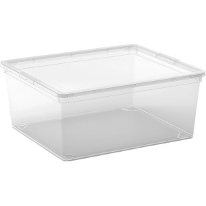 Átlátszó tárolódoboz C M fedéllel, ideális tárgyak tárolására és rendszerezésére.