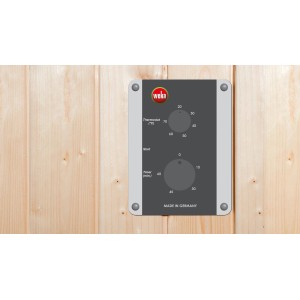 Közelkép a Weka Vaala 2 infrakabin vezérlőpaneljéről hőmérséklet- és időbeállításokkal.