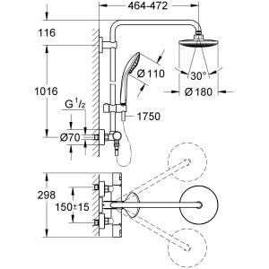 Műszaki rajz a Grohe Vitalio Joy 180 Chrome zuhanyrendszerről, méretek és szerelési részletek.
