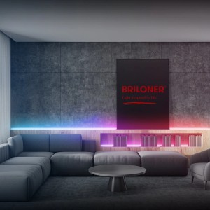 Nappali közvetett világítással Brilo LED szalag RGBIC használatával, dinamikus színes fényvezérlés.