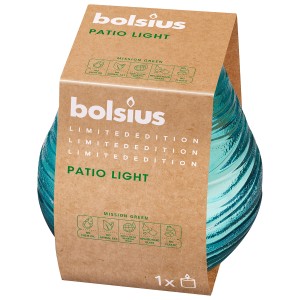 Türkiz Bolsius Patio Light gyertyatartó csomagolásban.