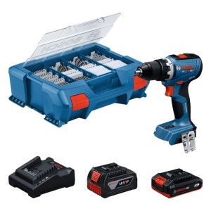 Bosch Professional GSR 18V-65 akkus fúrócsavarozó készlet: kék fúró, L-Boxx, töltő, 2 akkumulátor.