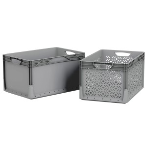 Szürke Eurobox rendszerdoboz (60x40x32 cm) tömör és perforált falakkal, tárolódobozok.