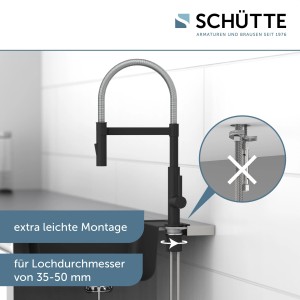 Schütte Miami mosogató csaptelep spirálrugóval, króm és fekete matt. Konyhai csaptelep zuhannyal.