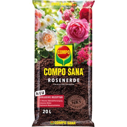 Compo Sana rózsa virágföld 20L-es zsák: Speciális virágföld rózsák számára ágyásokba és cserepekbe, tápanyagokkal a gazdag virágzáshoz.