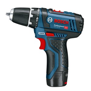 Bosch Professional GSR 12V-15 akkus fúrócsavarozó kofferben, akkumulátorokkal és tartozékokkal.