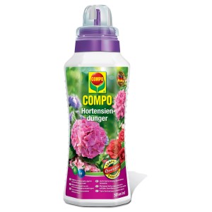 COMPO Hortenzia tápoldat, folyékony tápanyag fehér flakonban, lila részletekkel.