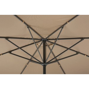 Közelkép a Schneider napernyőről (270x270 cm) természetes színben, alulnézet a vázról és a huzatról.