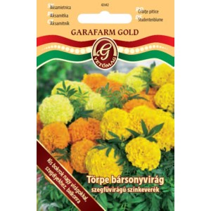 'Garafarm Gold' bársonyvirág vetőmag csomag, sárga és narancssárga virágok keveréke.