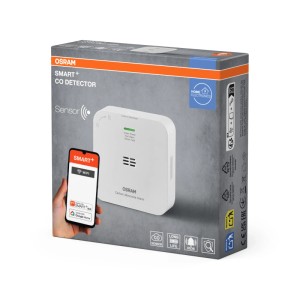 Osram Smart WiFi szén-monoxid érzékelő csomagoláson, fehér eszközt és alkalmazásvezérlést mutat.