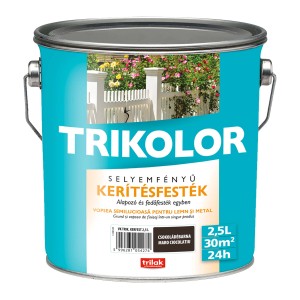 Trikolor kerítésfesték, barna, 2,5 literes doboz. Selyemfényű lakk fa és fém felületekre.