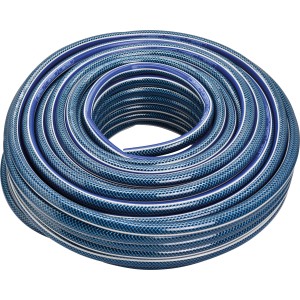 Feltekert kék LUX-TOOLS kerti tömlő, 50 m hosszú, 13 mm átmérőjű.