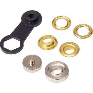 Szemkészlet kötélhúzáshoz, 19 mm, sárgaréz sárga, szerszámmal a könnyű rögzítéshez.