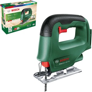 Bosch EasySaw 18V-70 Solo akkus szúrófűrész, zöld színben, fűrészlappal és termékcsomagolással.