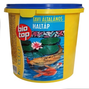 Vödör t.b.t. Haltáp granulátum halaknak, sárga kék fedéllel.