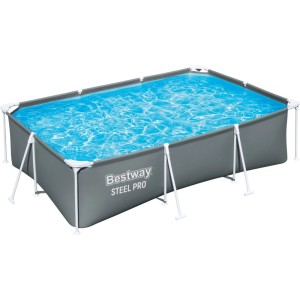 Bestway Steel Pro családi medence, szürke, 300x201x75 cm, acélvázzal és kék vízzel.