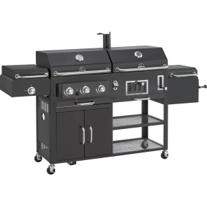 Fekete kombinált grill gáz- és faszén funkcióval, polcokkal és alsó szekrénnyel.