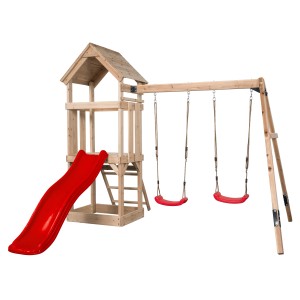 Swing King Noa fa játéktorony piros csúszdával és két hintával.