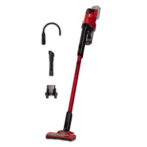 Piros Einhell Power X-Change akkus álló porszívó TE-SV 18 Li-Solo fekete padlófúvókával és tartozékokkal.