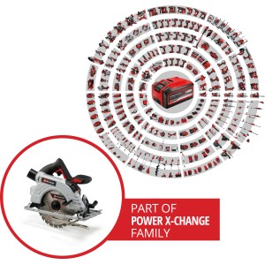 Einhell Power X-Change TP-CS 18/190 Li BL Solo akkus kézi körfűrész Power X-Change akkumulátorral a háttérben.