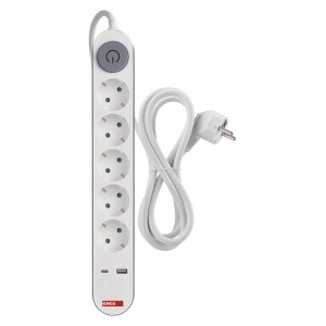 EMOS Hosszabbító 3 m/5 aljzat/kapcsolós/fehér/1x USB-A + 1x USB-C/1,5 mm2