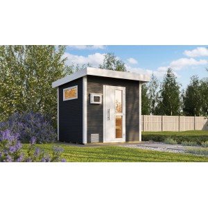 Modern, antracit színű Weka Kuopio design szaunaház lapos tetővel és üvegajtóval a kertbe.