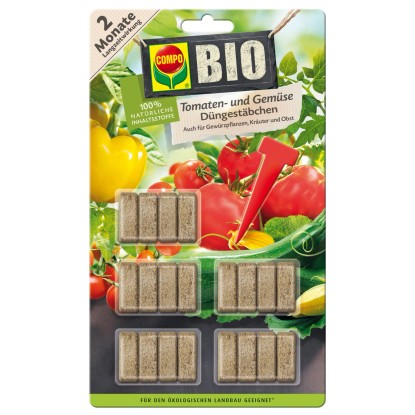 Compo Bio paradicsom- és zöldségtápoldat rudak, 20 db, az egészséges növényekért és a bőséges termésért.