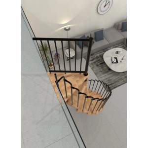 Minka Paris csigalépcső, bükk/fekete, 140 cm átmérő. Elegáns beltéri lépcső fa lépcsőfokokkal és fekete korláttal.