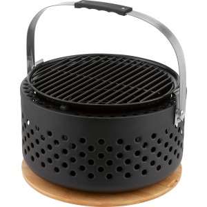 Fekete faszenes grill grillráccsal és bambusz deszkával, Ø 37,3 cm.
