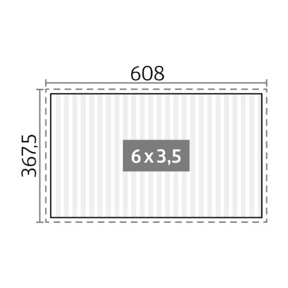 A Biohort 6 x 3,5 m-es kvarc-ezüst pergola vázlata méretekkel.