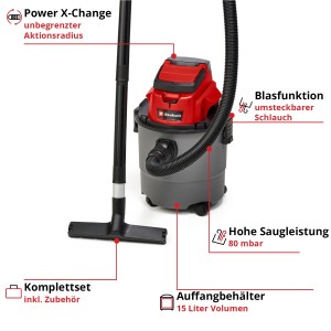 Einhell Power X-Change TC-VC 18/15 Li-Solo akkus nedves-száraz porszívó tartozékokkal és 15 literes tartállyal.