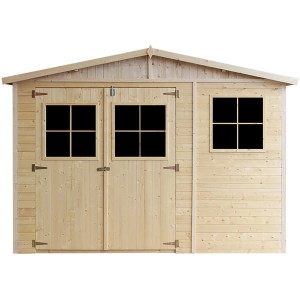 Timbela M336 faház, 11,97 m², ablakokkal, padló nélkül. Kezeletlen fa dupla ajtóval.