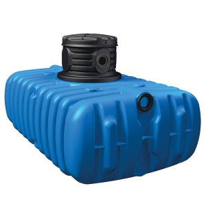 Kék 4rain Flat S 1500 l-es lapos tartály fekete akna toldattal és tartályfedéllel.