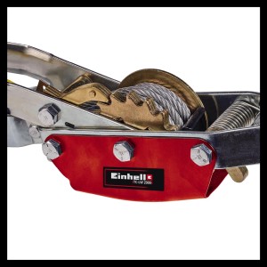 Közelkép: Einhell TC-LW 2000 kézi emelő drótkötéllel és piros tartóval.