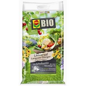 Compo Bio Univerzális tartós műtrágya gyapjúval zsákban, alkalmas kerti növényekhez.