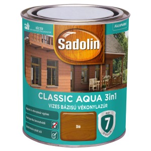 Sadolin Classic Aqua 3in1 fa lazúr doboz, dió színű, kültéri használatra.