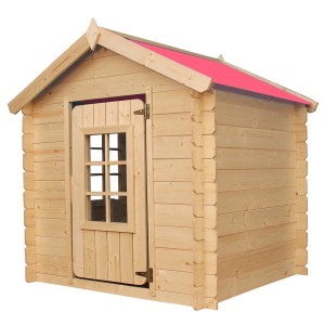 Timbela fa játszóház piros tetővel, 1 m² játékterület a kertben.