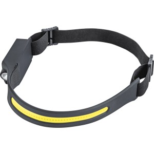 Fekete LED fejlámpa sárga díszítéssel, újratölthető, 400 lumen, az OBI webáruház számára.