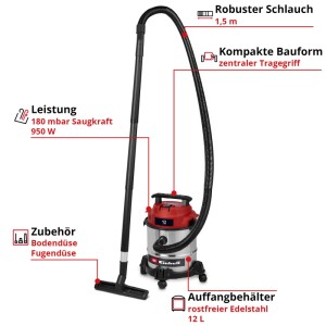 Einhell TC-VC 1240 S nedves-száraz porszívó 12 literes rozsdamentes acél tartállyal és tartozékokkal.