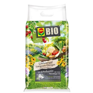 Compo Bio Univerzális tartós műtrágya gyapjúval, 4 kg-os zsák kerti növényekhez.