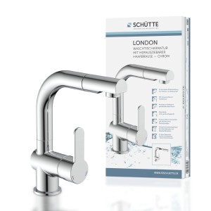 Schütte London mosdó csaptelep kihúzható zuhanyfejjel, króm.