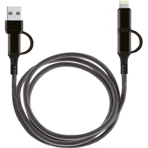 Fekete USB 4 az 1-ben töltőkábel USB-A, USB-C és Lightning csatlakozóval audio tartozékokhoz.